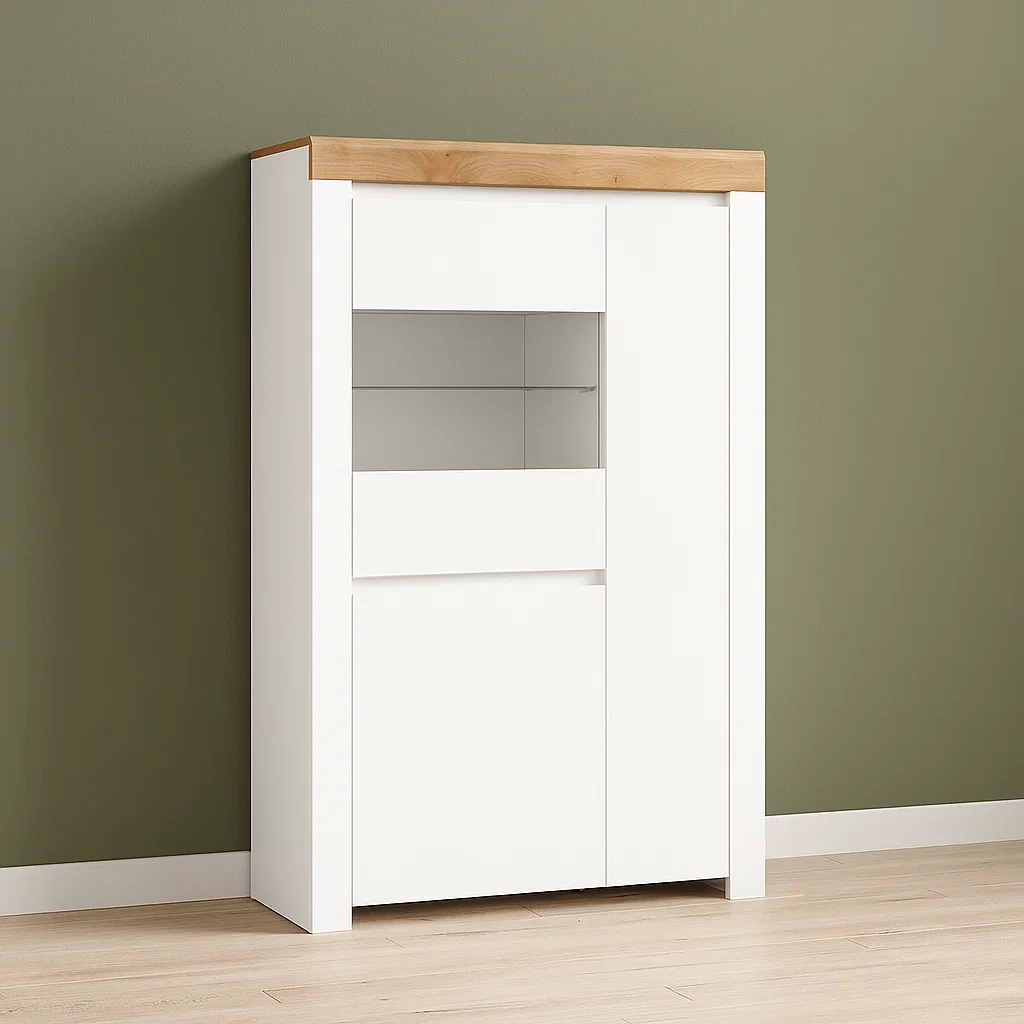 Vitrine pour vaisselle - Blanc et bois - MDF et panneaux de particules mélaminés - Intérieur - 98 cm x 42 cm x 156 cm - dYYobcRt2rNe