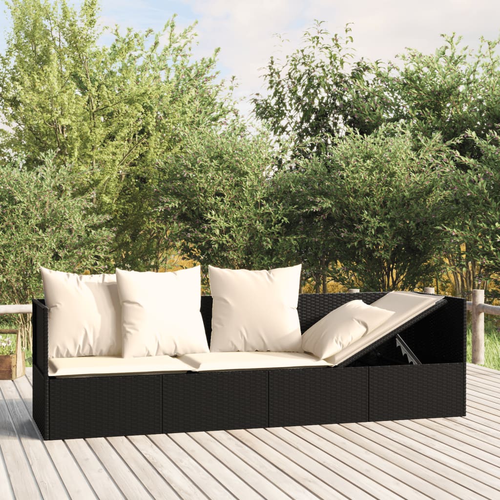 Garten-Sonnenliegesofa 2025 mit Kissen, schwarzes Kunstrattan v1259