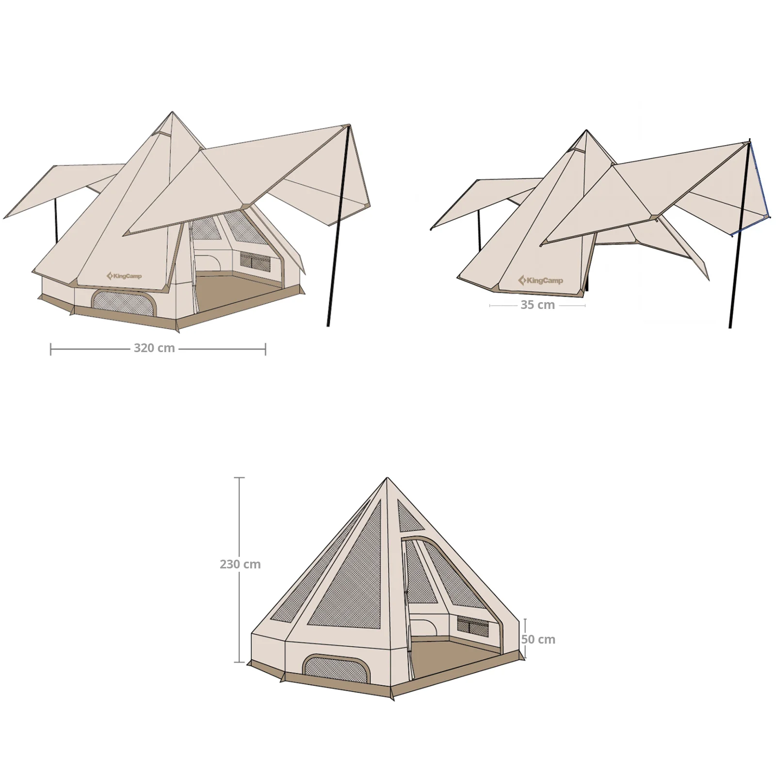 2025 KingCamp Dschingis 320 Light – 2-Personen-Tipi-Zelt mit 3,2 m Durchmesser. 3000 mm Wassersäule und modulare Sonnenschutzvorrichtungen für Glamping und Festivals.