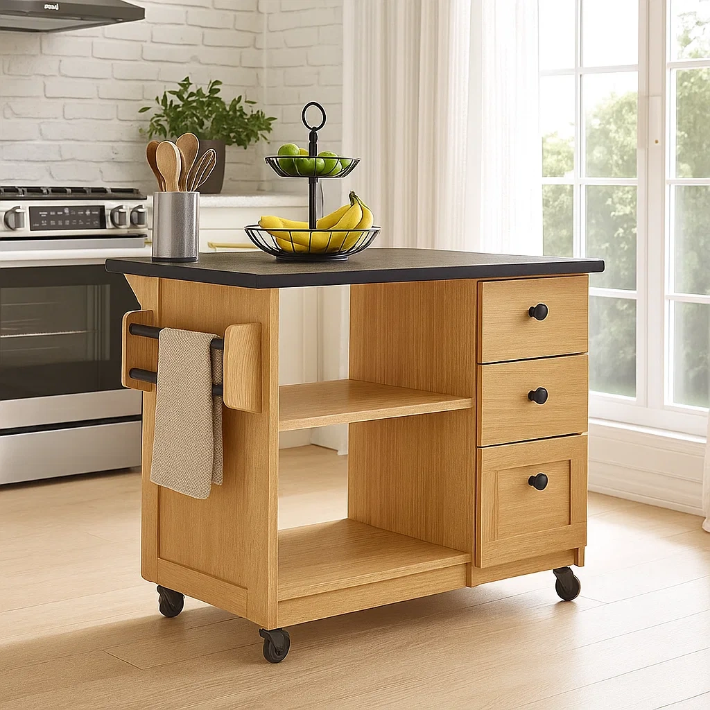 Îlot de cuisine rectangulaire avec étagères et tiroirs, finition bois naturel, sur roulettes, 120 x 60 x 90 cm, pour cuisines résidentielles. - zydIcYLoR87O