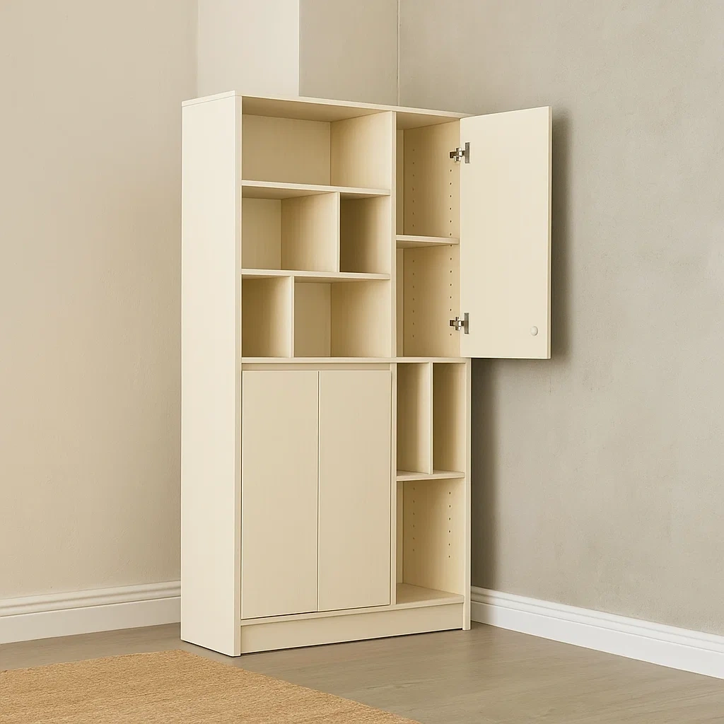 Vitrine à portes en bois et étagères ouvertes, 12 compartiments, en panneaux de particules beiges, autoportante, pour salon ou bureau, dimensions : 100 x 40 x 190 cm - vKz08os0iedY