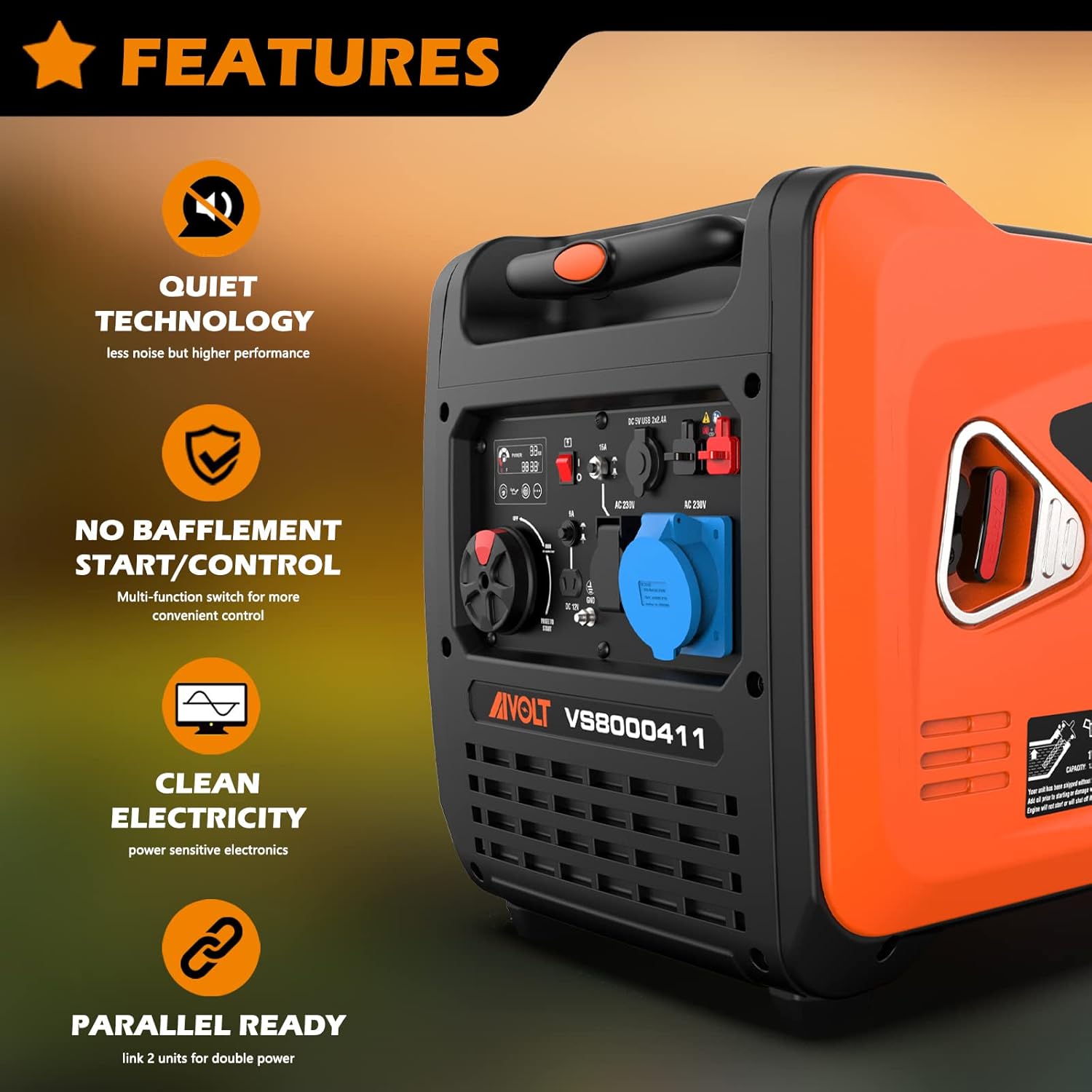 AIVOLT Leiser Benzin-Invertergenerator 1400 W mit Ausgängen AC 230 V/DC 12 V/USB Typ A und 2,5-Liter-Tank – Tragbar für Outdoor-Camping