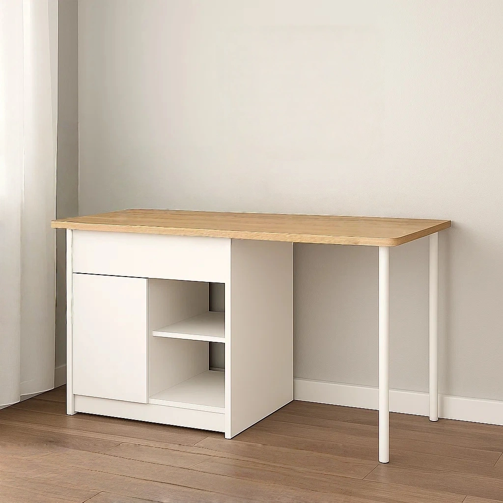 Îlot de cuisine rectangulaire avec tiroir, étagères ouvertes et porte, en bois blanc et naturel, autoportant, 140 x 80 x 90 cm, pour cuisine domestique. - 1Bw4emAliWax