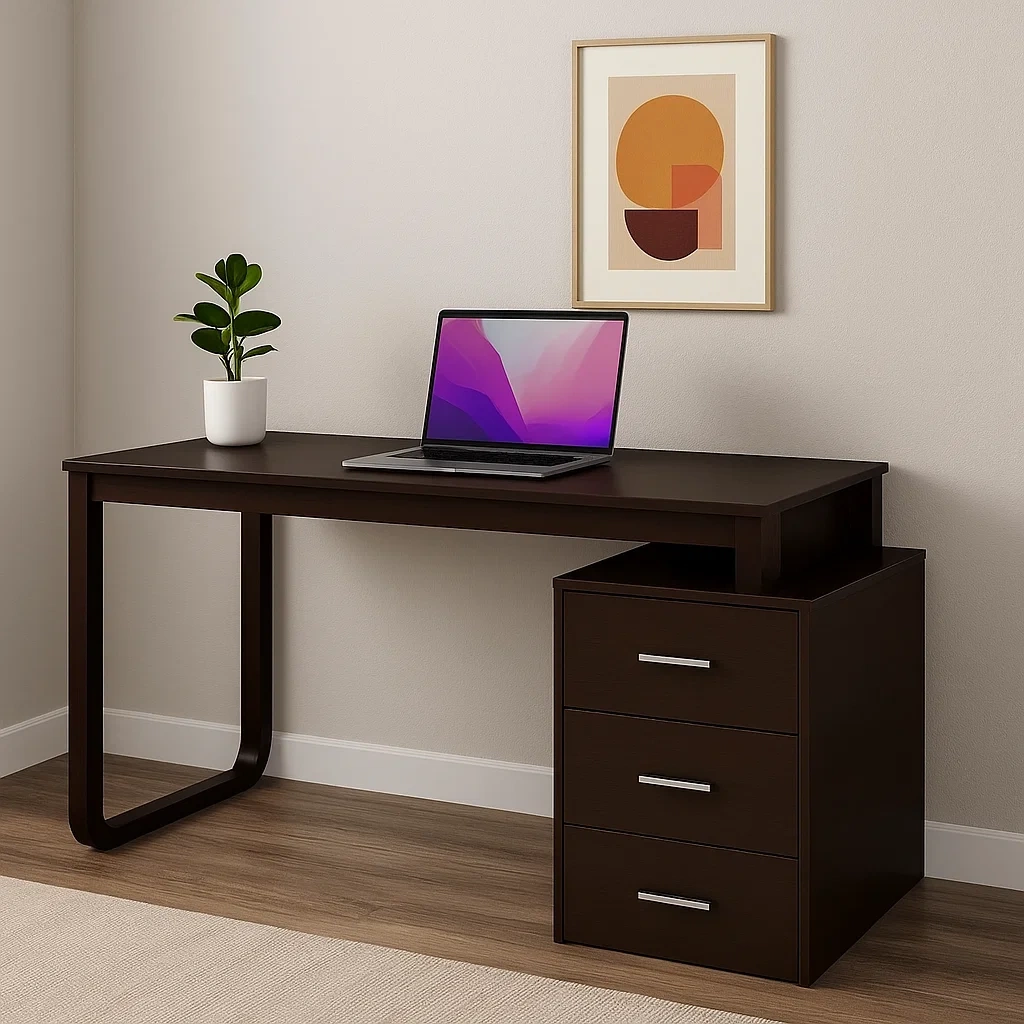 Bureau d'ordinateur en MDF brun foncé avec 3 tiroirs et étagères ouvertes 140 x 60 x 75 cm - EQPdzSo303AL