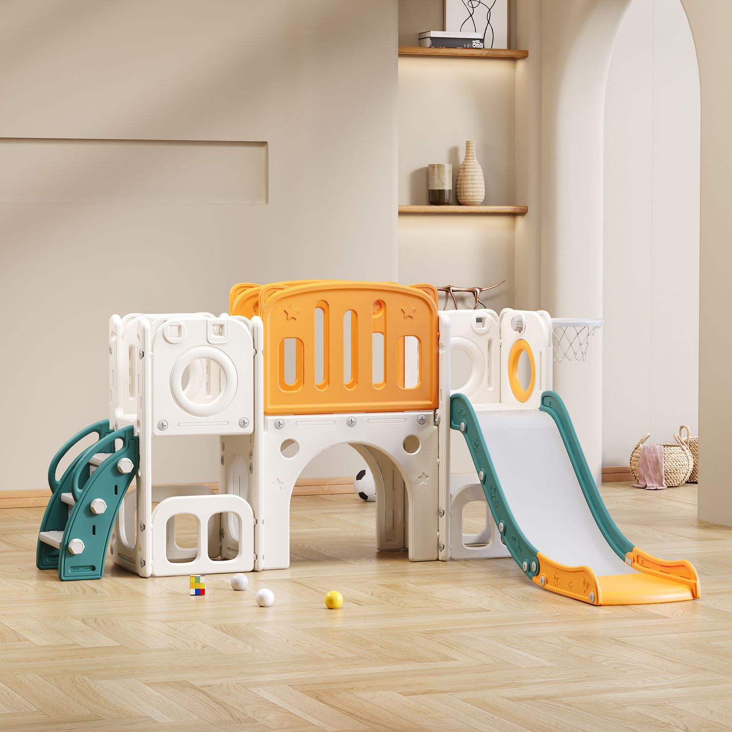 6-in-1 Kinderrutsche – inklusive Rutsche, Basketballkorb, Leiter, Tunnel und zwei Spielbereichen – Grün