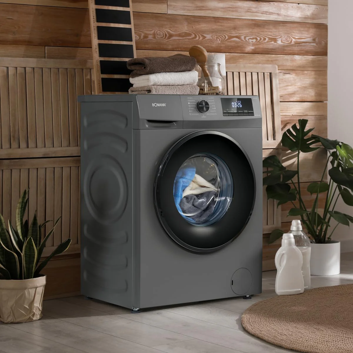 Bomann WA 7175 Waschmaschine (Modelljahr 2025) / 7 kg / max. 1400 U/min / 10 Jahre Motorgarantie / Effizienter, leiser und langlebiger Inverter-Motor / 15 Programme / Programmwahlschalter / Farbe: Titanschwarz