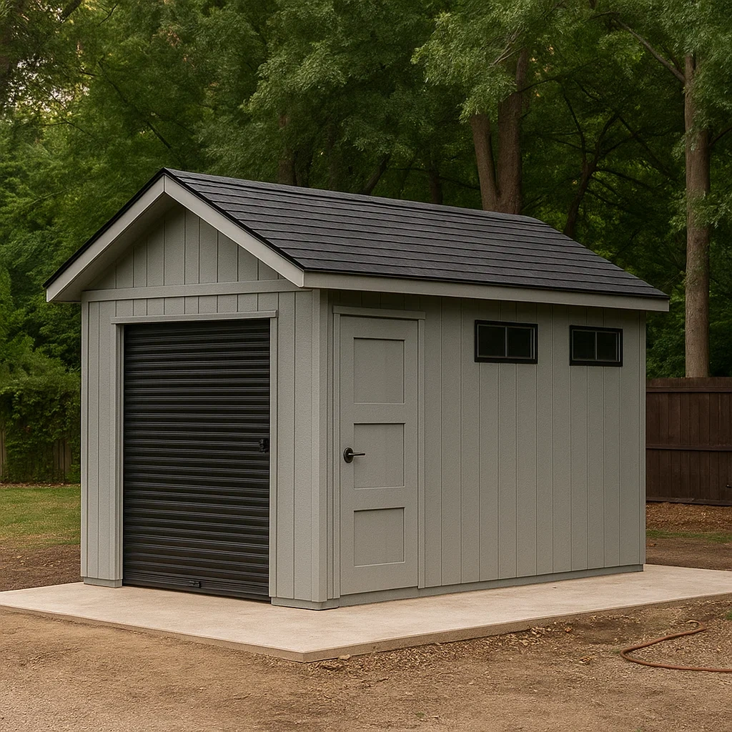 Abri de jardin en bois avec toit à deux pans et porte sectionnelle, gris et noir, 150 x 300 x 220 cm - 0Py4Lw2Cw4Vb