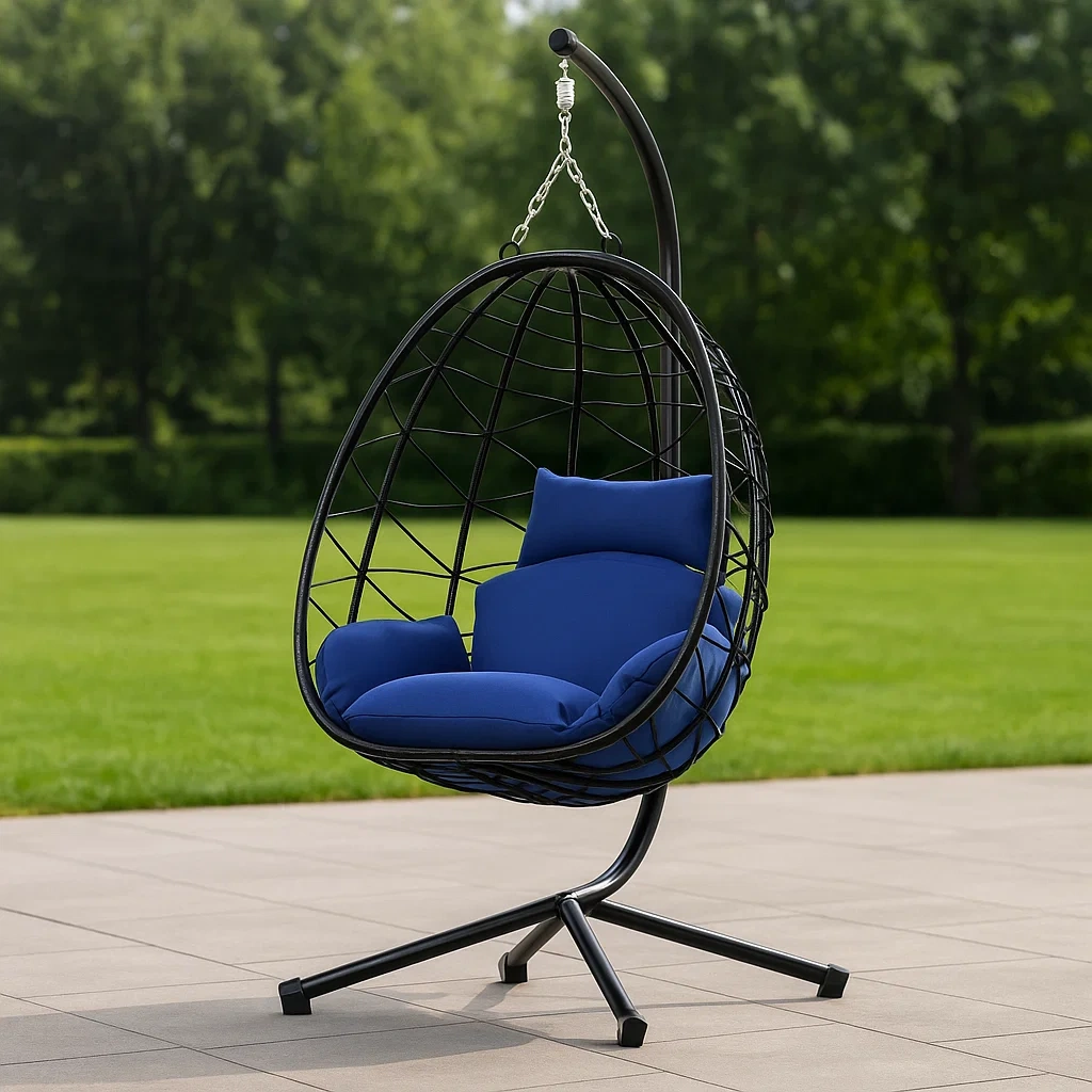 Fauteuil suspendu en forme d'œuf, noir, acier, extérieur, 95 x 95 x 196 cm