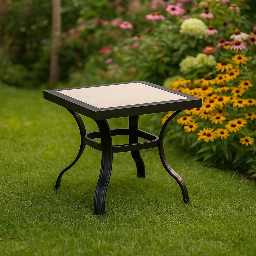 Table basse d'extérieur, noire, acier et pierre, jardin, 63 x 63 x 42 cm