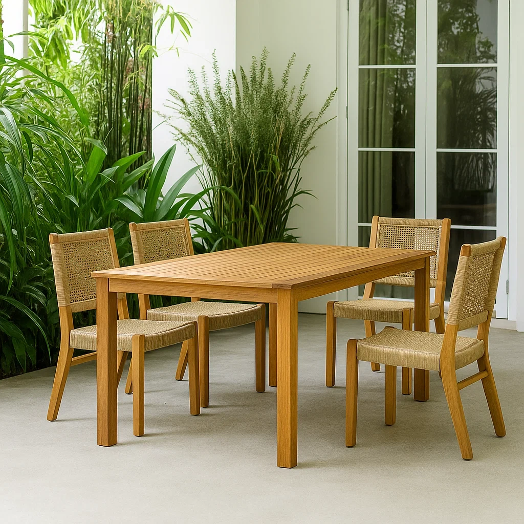 Ensemble de salle à manger d'extérieur, table rectangulaire avec 4 chaises, bois de teck naturel, idéal pour le jardin