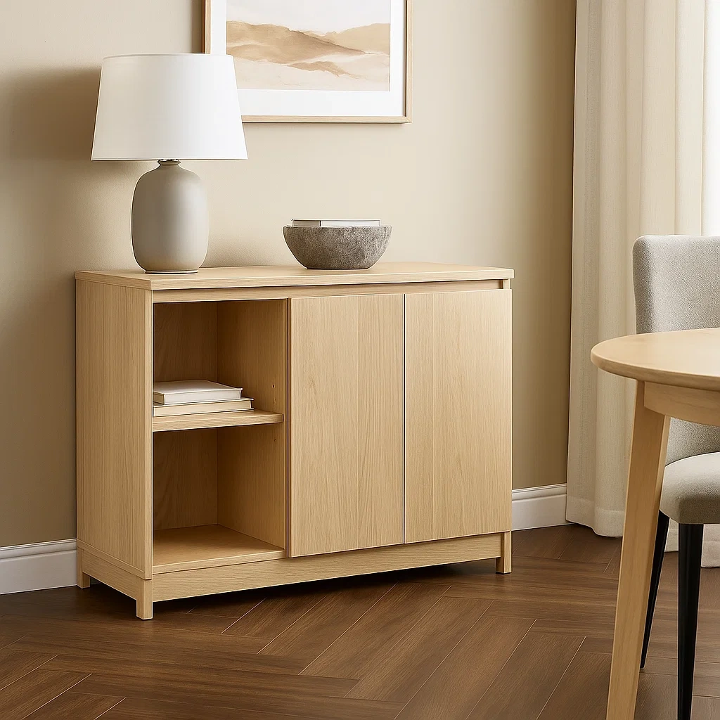 Îlot de cuisine rectangulaire avec étagères et portes, en MDF, coloris chêne clair, autoportant, 80 x 40 x 75 cm, pour usage domestique. - 1WTsMCe2Hlg1