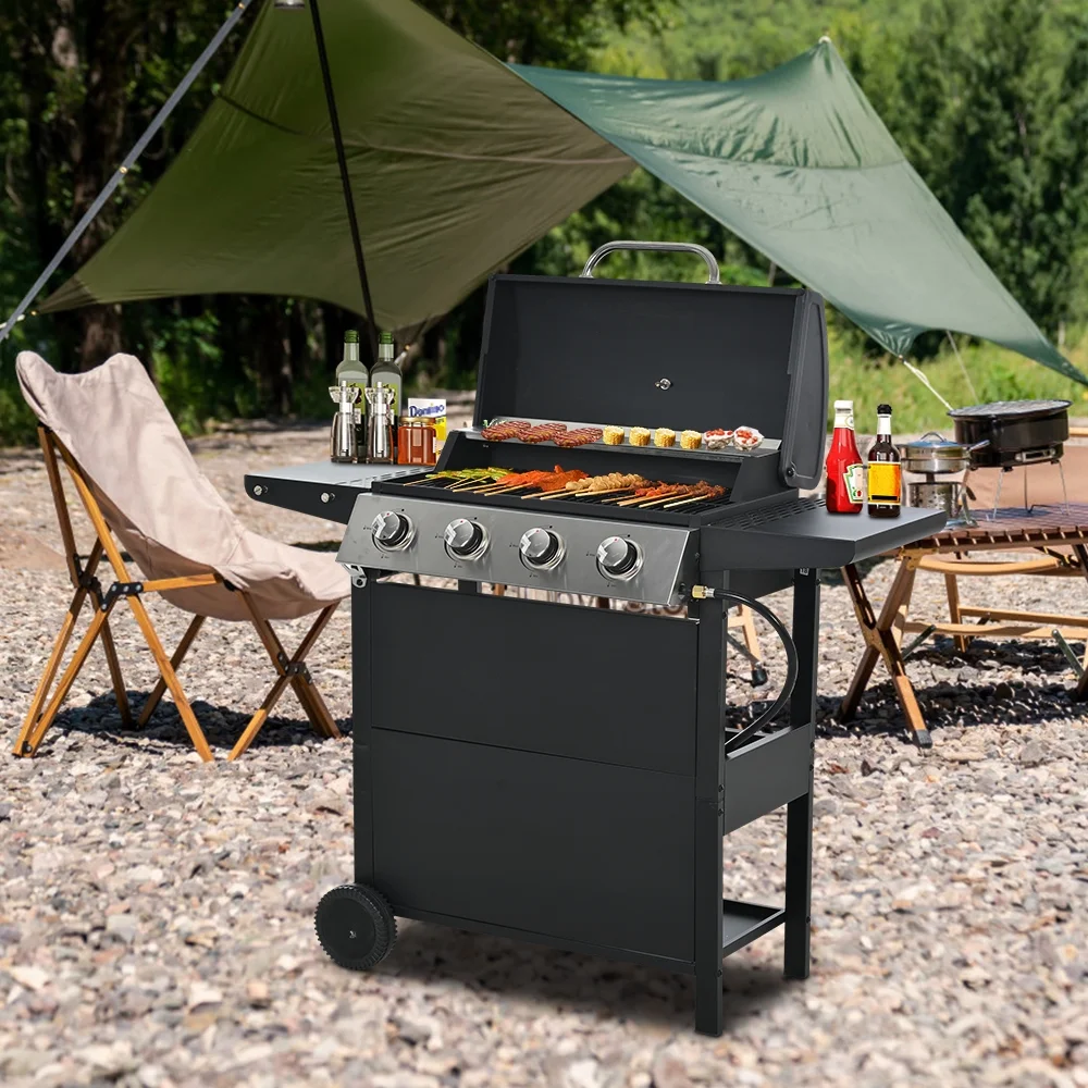 SEGMART 2025 4-Brenner-Gasgrill aus Edelstahl – 34.200 BTU. Garten-/Terrassengrill mit zwei klappbaren Ablagen und Thermometer. Ideal für Camping und Grillen im Freien.