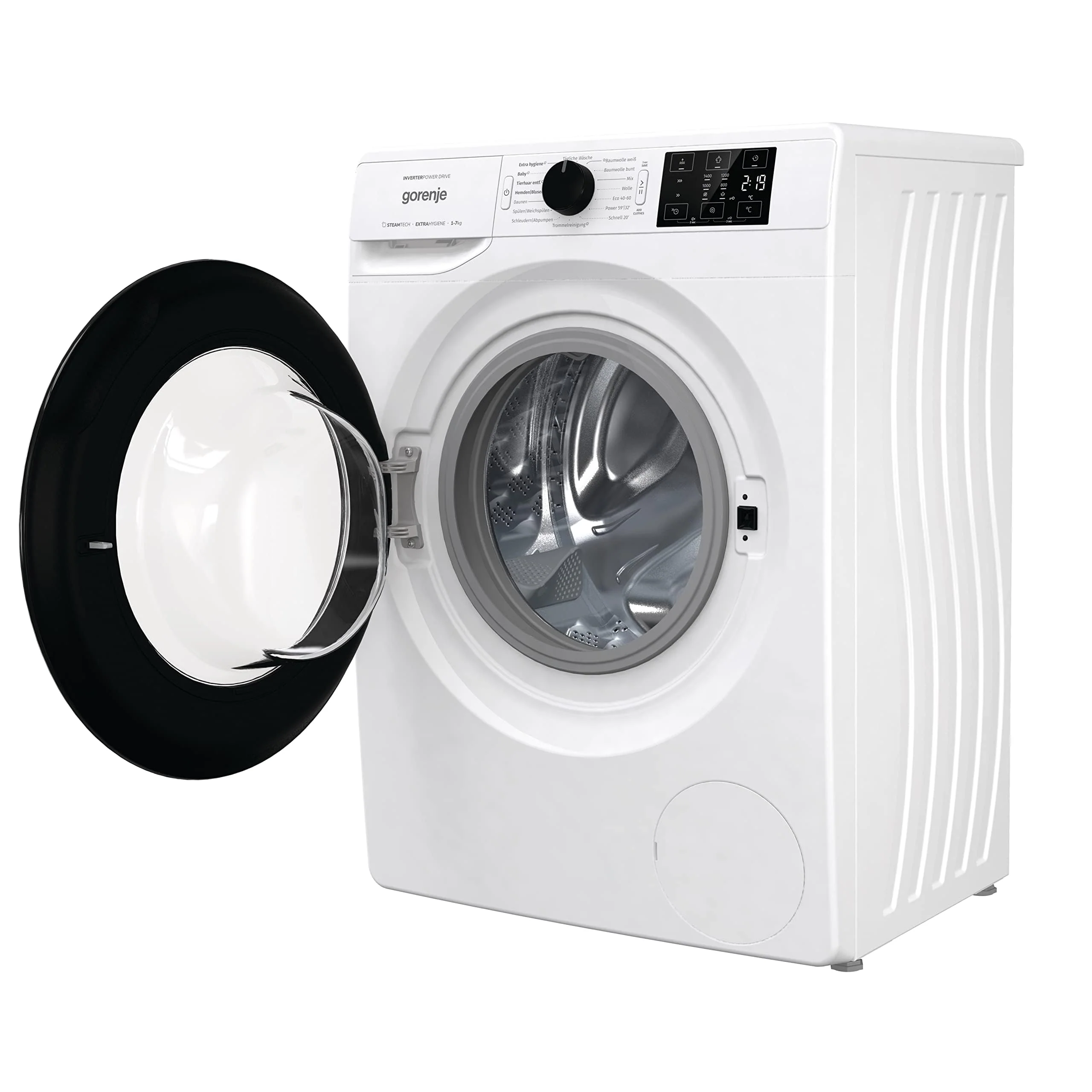 Gorenje WAM 74 SAP, Baujahr 2025. Waschmaschine mit Dampffunktion. 7 kg. 1400 U/min. 16 Programme. AquaStop. PowerDrive Inverter-Motor. Edelstahltrommel. Kindersicherung. Energieeffizienzklasse A. Weiß.