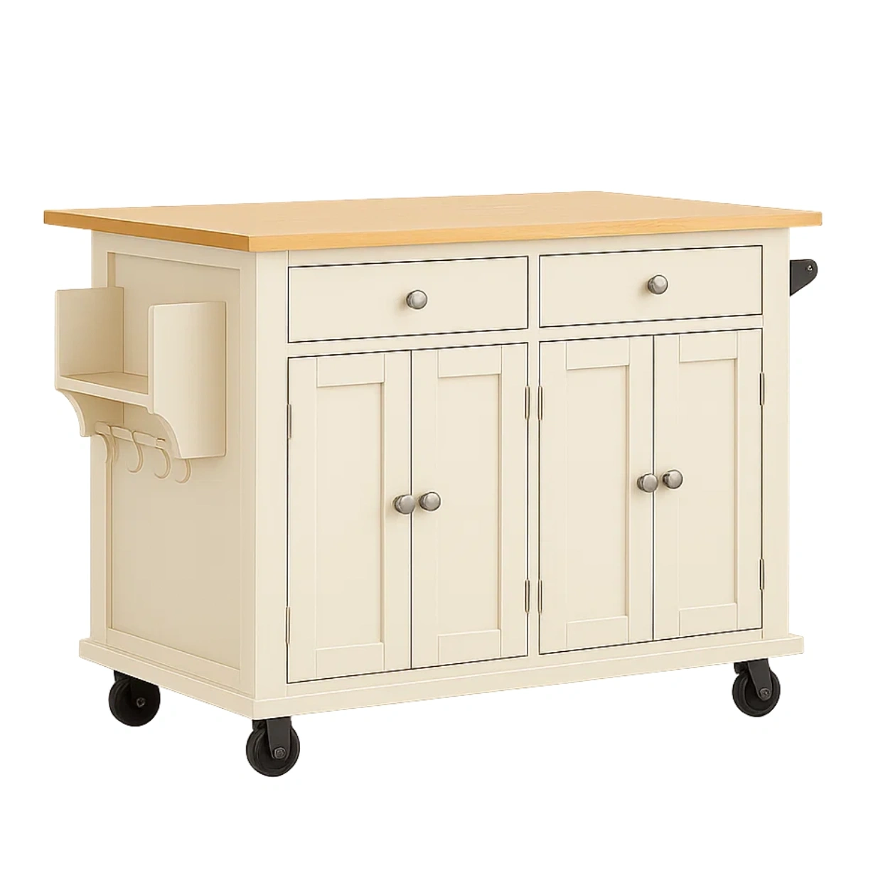 Îlot de cuisine rectangulaire avec double placard et deux tiroirs, en MDF couleur crème, sur roulettes et crochets latéraux, 115 x 48 x 91 cm, pour cuisine multifonctionnelle - rv025WbmBGOb