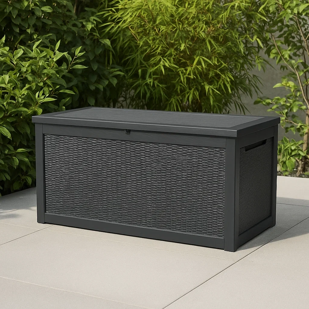 Coffre de jardin noir, structure en résine, pour usage extérieur, 121 x 41 x 65 cm