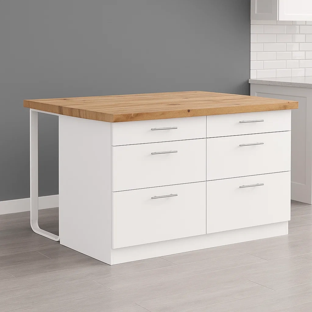 Îlot de cuisine - 6 tiroirs - Blanc et coloris naturel clair - MDF et métal - Dimensions intérieures : 126 × 104 × 80 cm - ypDEiPhhXlVb