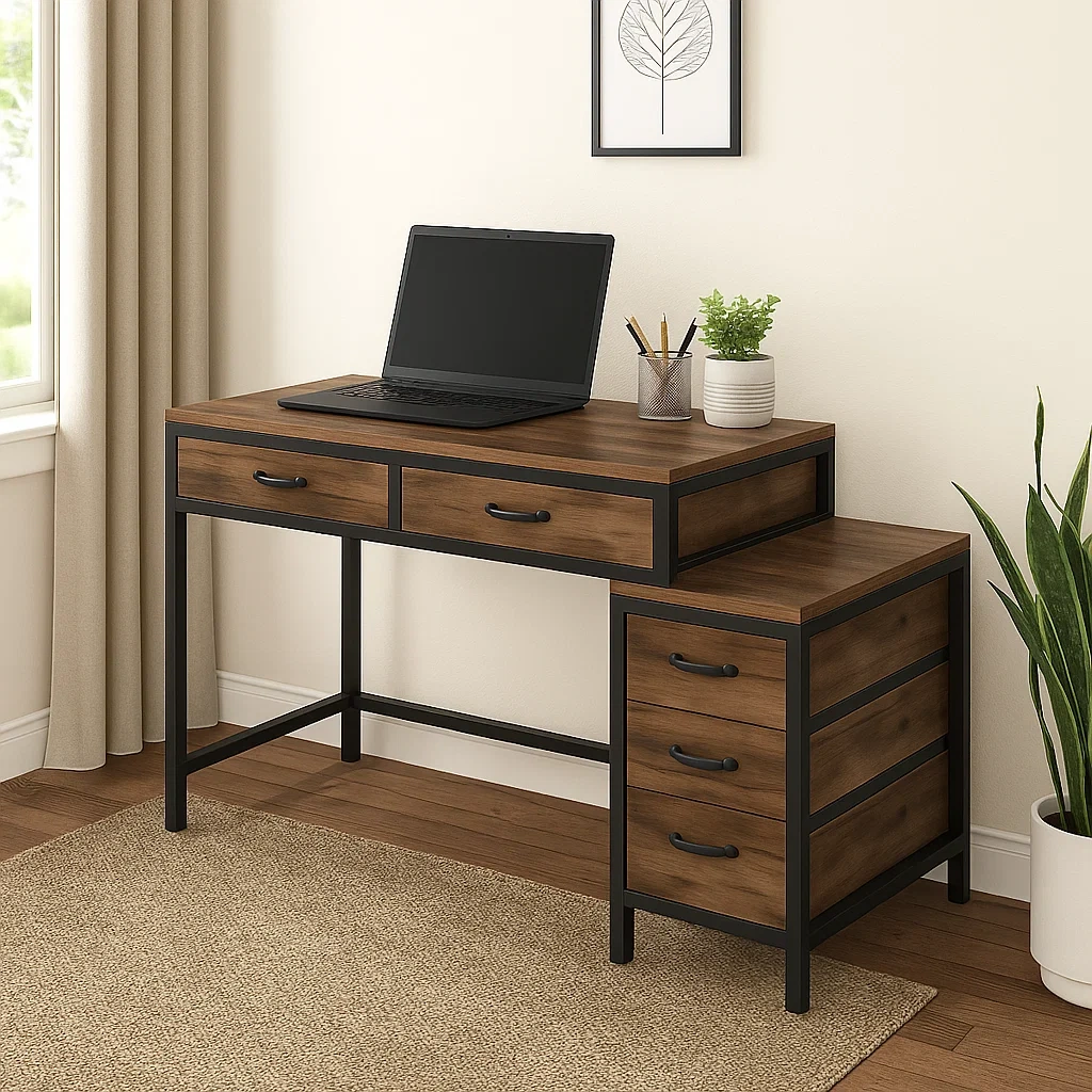 Bureau d'ordinateur à 5 tiroirs, 130 x 50 x 75 cm, marron et noir - qblmcVE299Gz