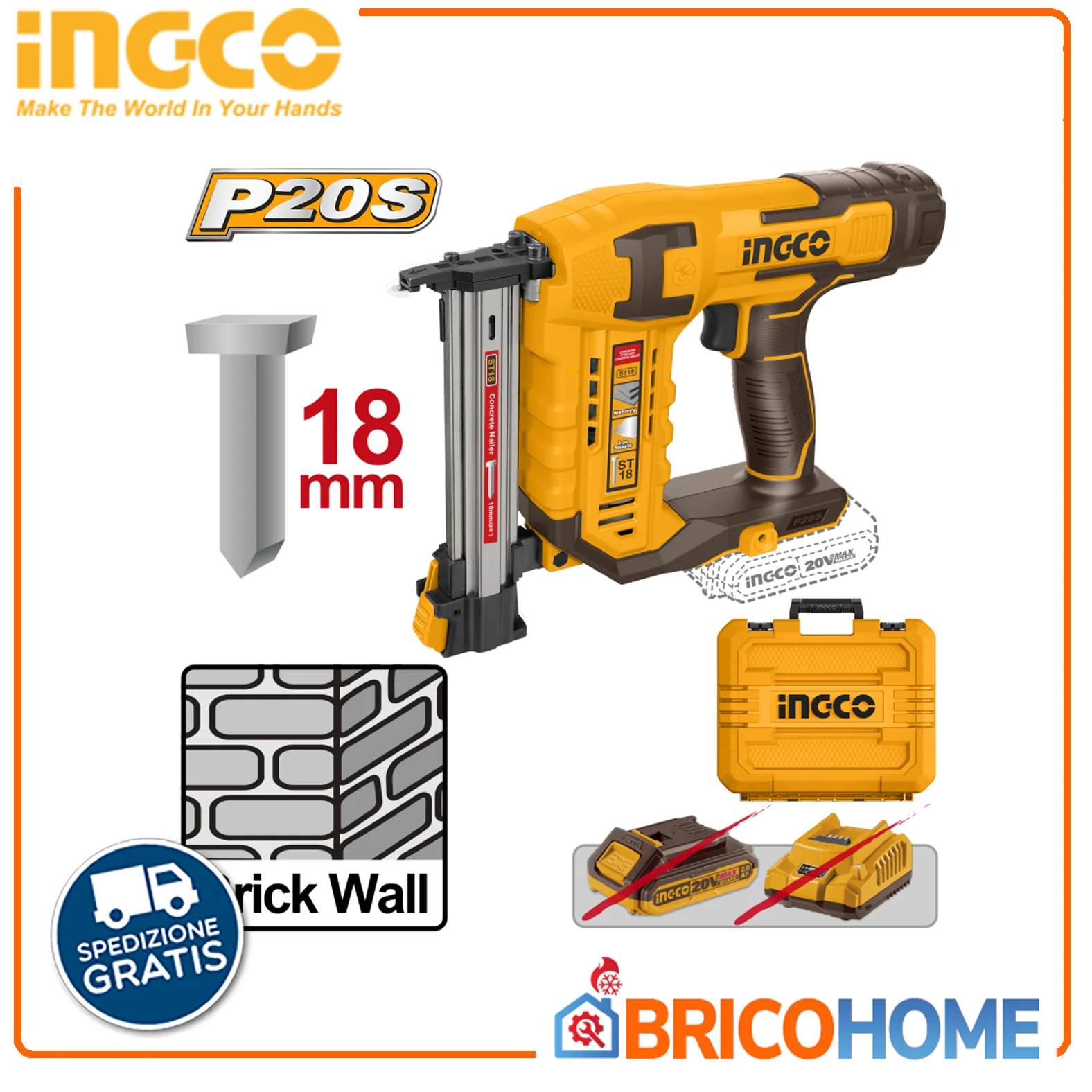 2025 Betonnagler mit 18-mm-Nägeln, 20 V, nur Gehäuse - INGCO