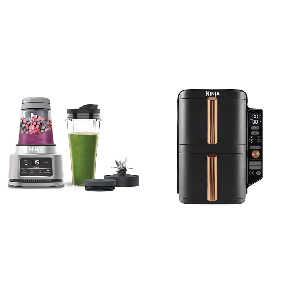 Ninja Foodi Power Nutri Blender 2-in-1 (Modelljahr 2025). Mixer für Smoothie-Bowls und Frozen Drinks. CB100EU + Ninja Double Stack XL Heißluftfritteuse. Vertikale, fettfreie Fritteuse mit zwei Schubladen. SL400EUCP