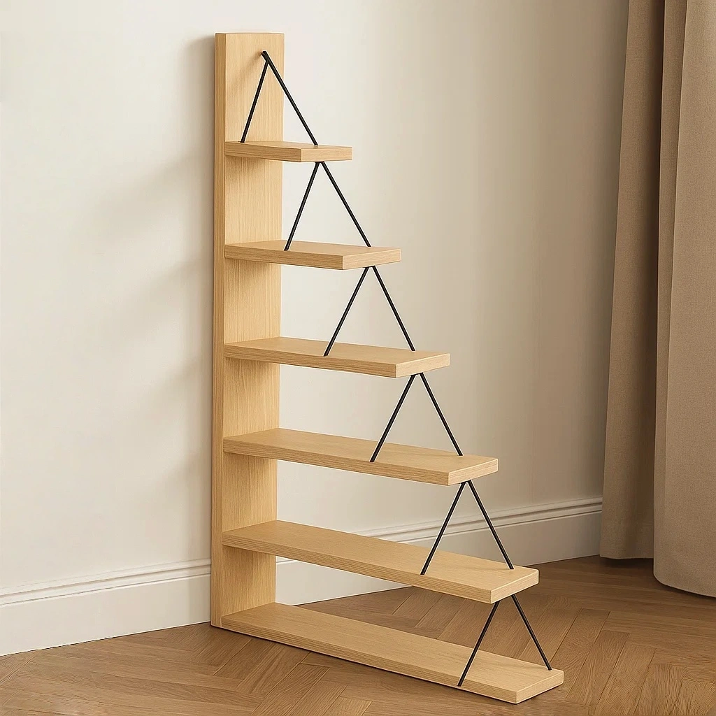 Étagère à livres en forme d'échelle, 6 étagères, en bois clair, montage facile, pour salon, 50 x 30 x 160 cm - hrW5Otj2UFNV