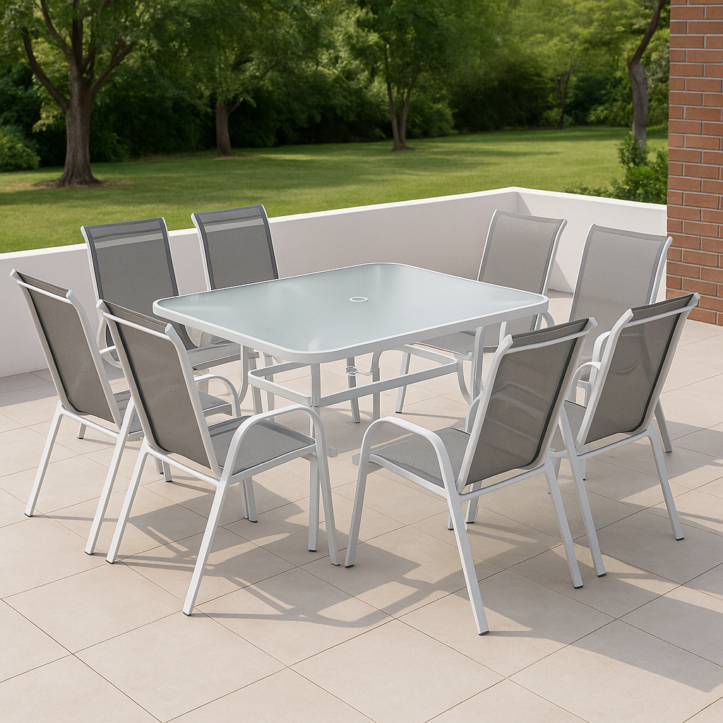 Ensemble de salle à manger de jardin en métal blanc et gris et en verre