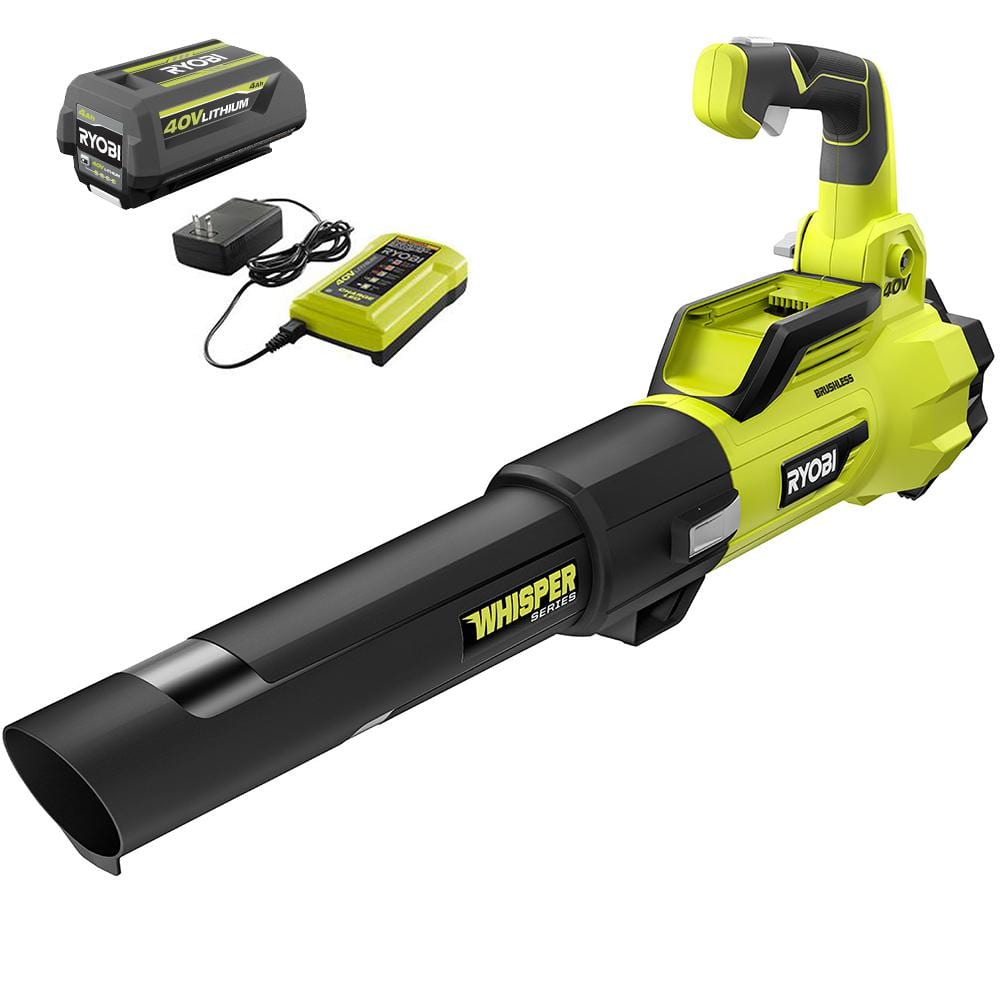RYOBI 40V Akku-Handgebläse der Whisper-Serie (Modelljahr 2025) mit bürstenlosem Motor, 125 MPH (201 km/h) und 550 CFM (18,5 m³/h) Leistung, inklusive 4,0-Ah-Akku und Ladegerät (Modellnummer: RY40470)