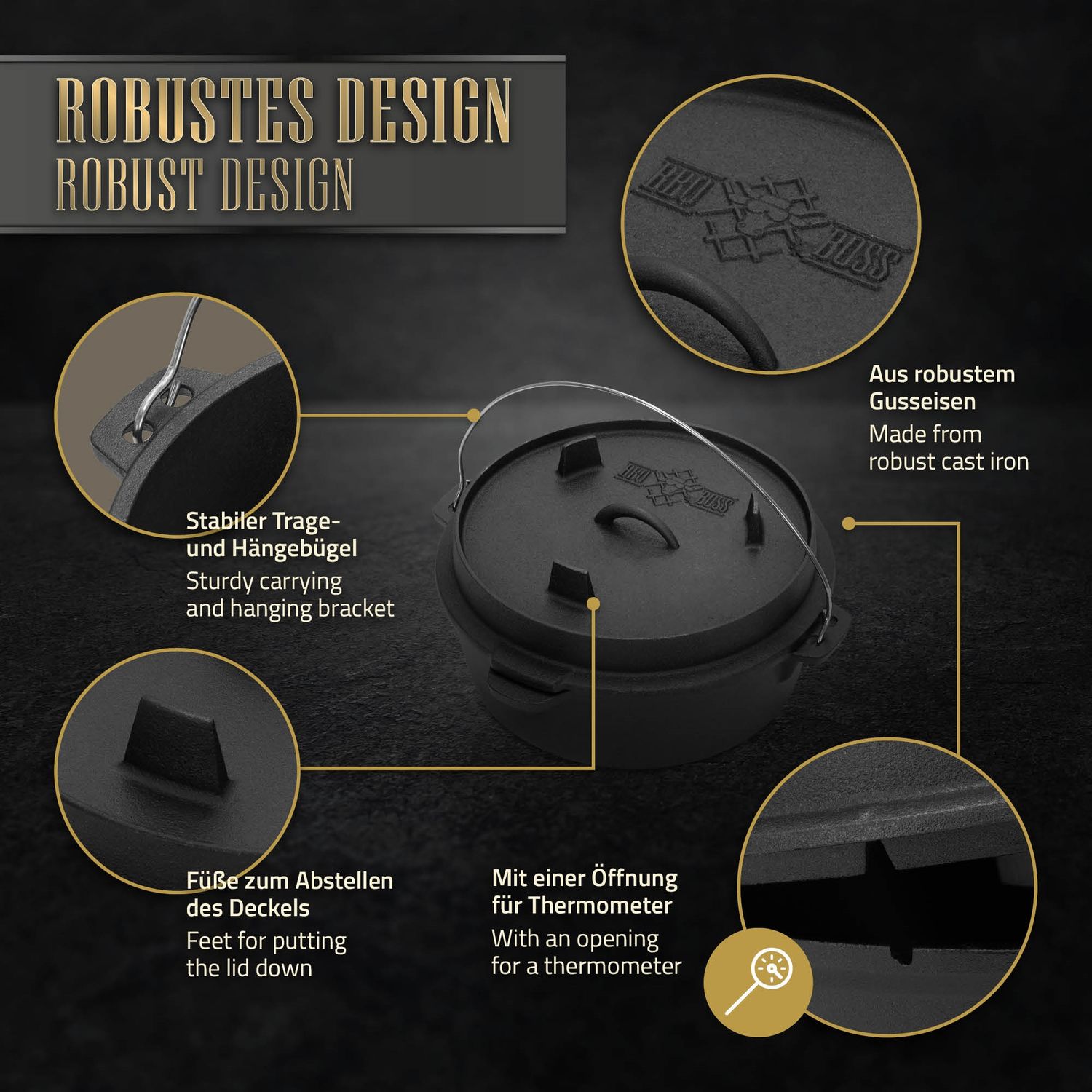 Dutch Oven Set BBQ 7,3L Schwarzguss mit Heber und Untersetzer BBQ#boss