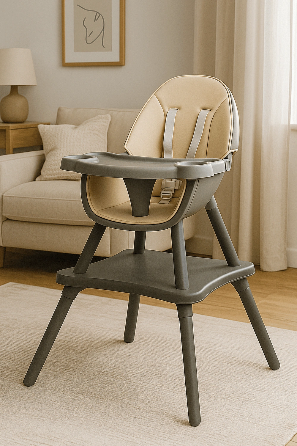 Chaise haute avec tablette fixe et structure à double niveau, jusqu'à 15 kg, harnais de sécurité 5 points, couleur gris beige, avec dossier et appui-tête fixes, convient aux enfants de 6 à 36 mois.