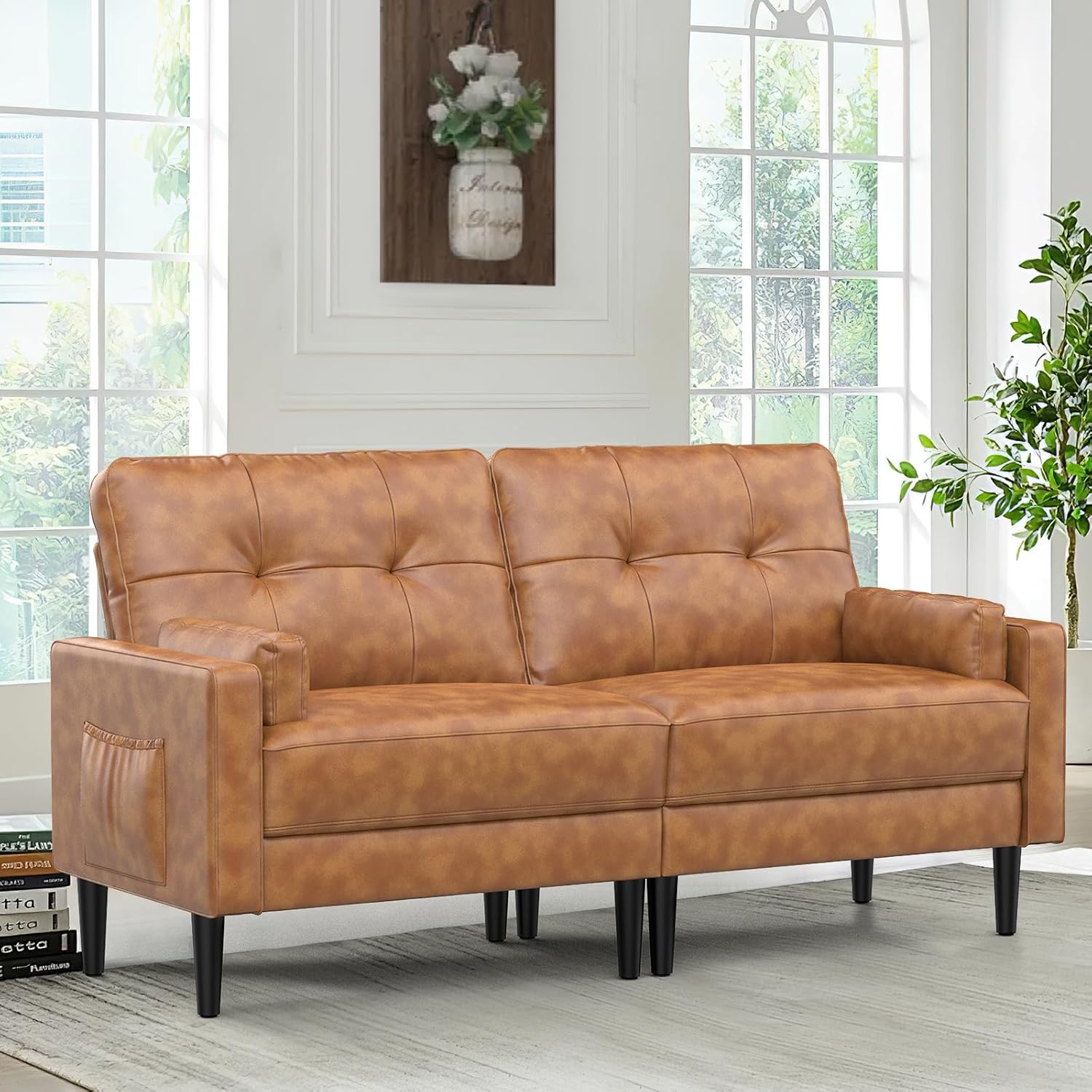 Aotumm Ciort 2-Sitzer-Sofa, modernes Sofa mit dicken Kissen, 2 Kissen, bequemes Ledersofa mit 2 Aufbewahrungstaschen für Wohnzimmer/Schlafzimmer/Büro, kleines Sofa (Braun)