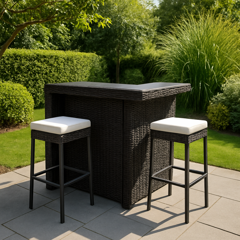 Ensemble bar de jardin, une table d'angle en L et deux tabourets hauts, marron/blanc gTfzPPA368Ax