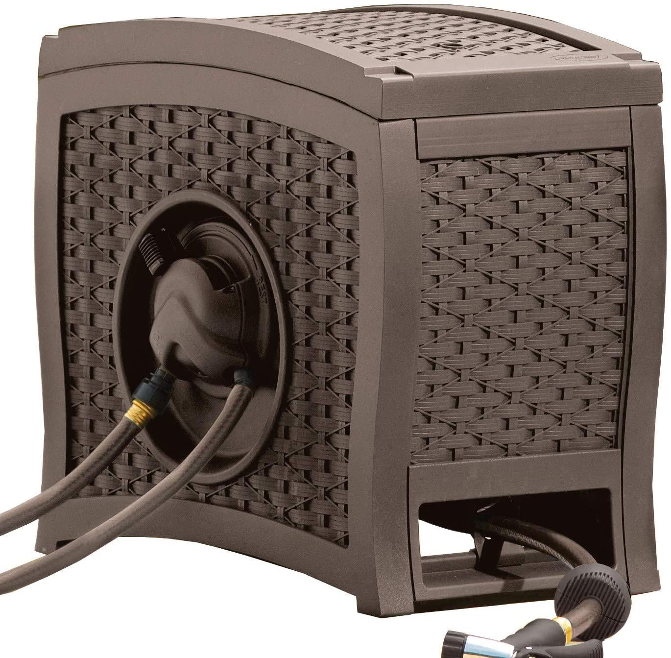 Suncast Aquawinder 125' Gartenschlauchaufroller im Rattan-Stil – Leicht, tragbar, müheloser automatischer Wasseraufroller – Java-Farbe