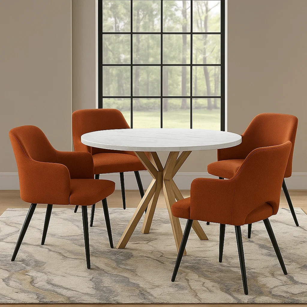 Ensemble de salle à manger pour 4 personnes, bois et tissu, blanc et orange brûlé, table ronde à piètement en croix, structure fixe, diamètre de la table 100 x 75 cm, chaises 55 x 58 x 85 cm, intérieur - OvbVBdAesGtM