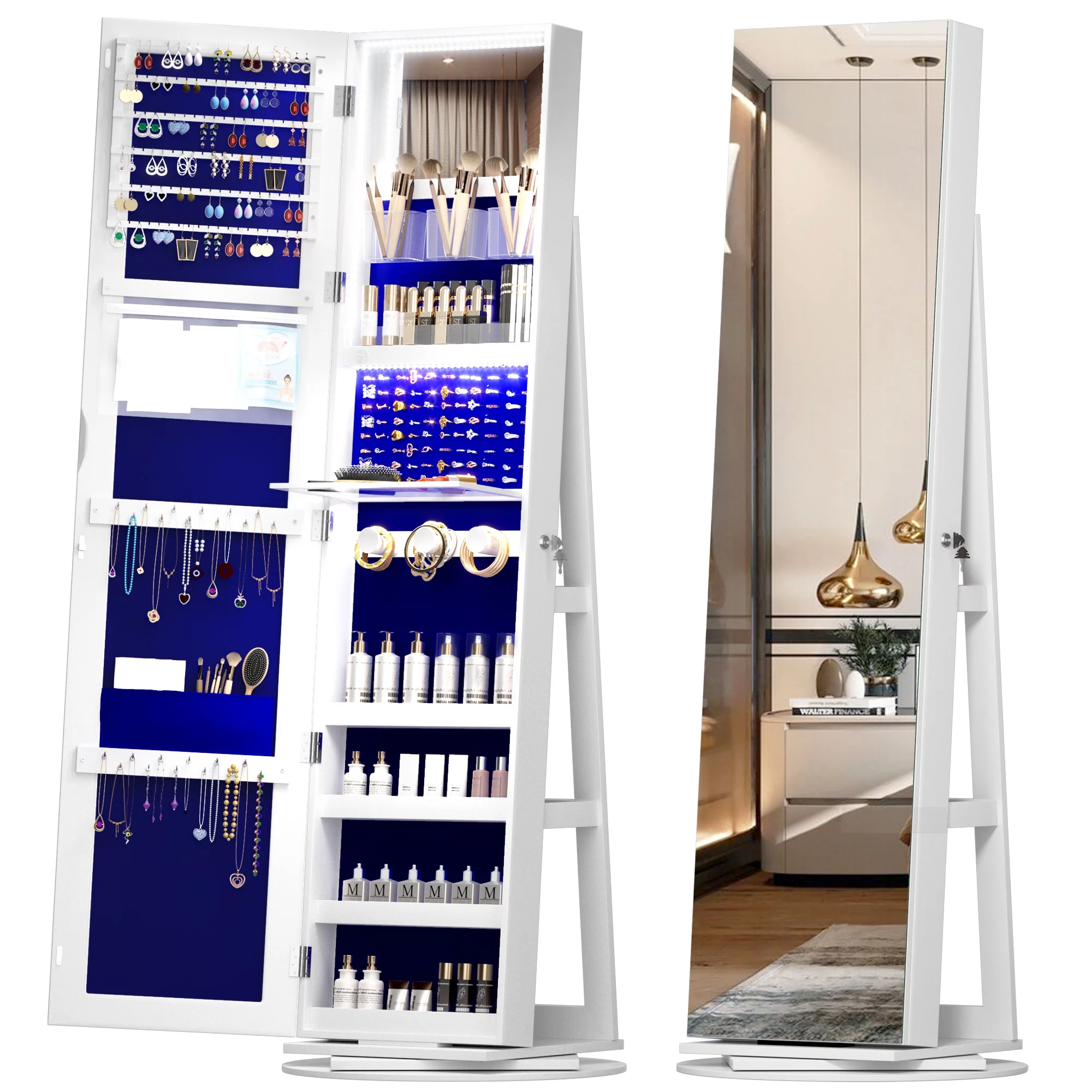 LVSOMT Drehbarer Schmuckkasten mit LED-Beleuchtung und Ganzkörperspiegel: Stilvolle 360°-Aufbewahrung
