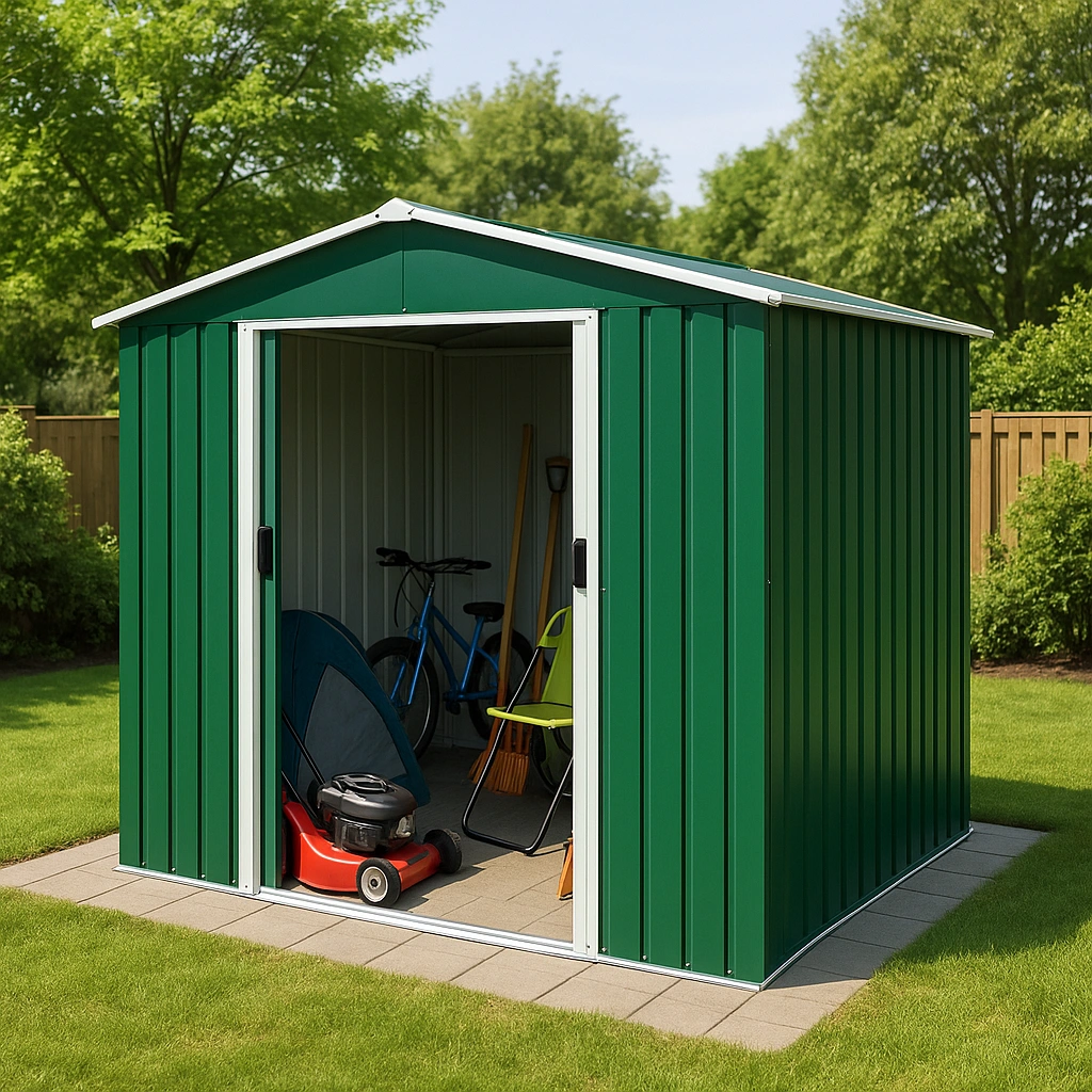 Abri de jardin en acier vert, rangement extérieur 223 x 150 x 215 cm