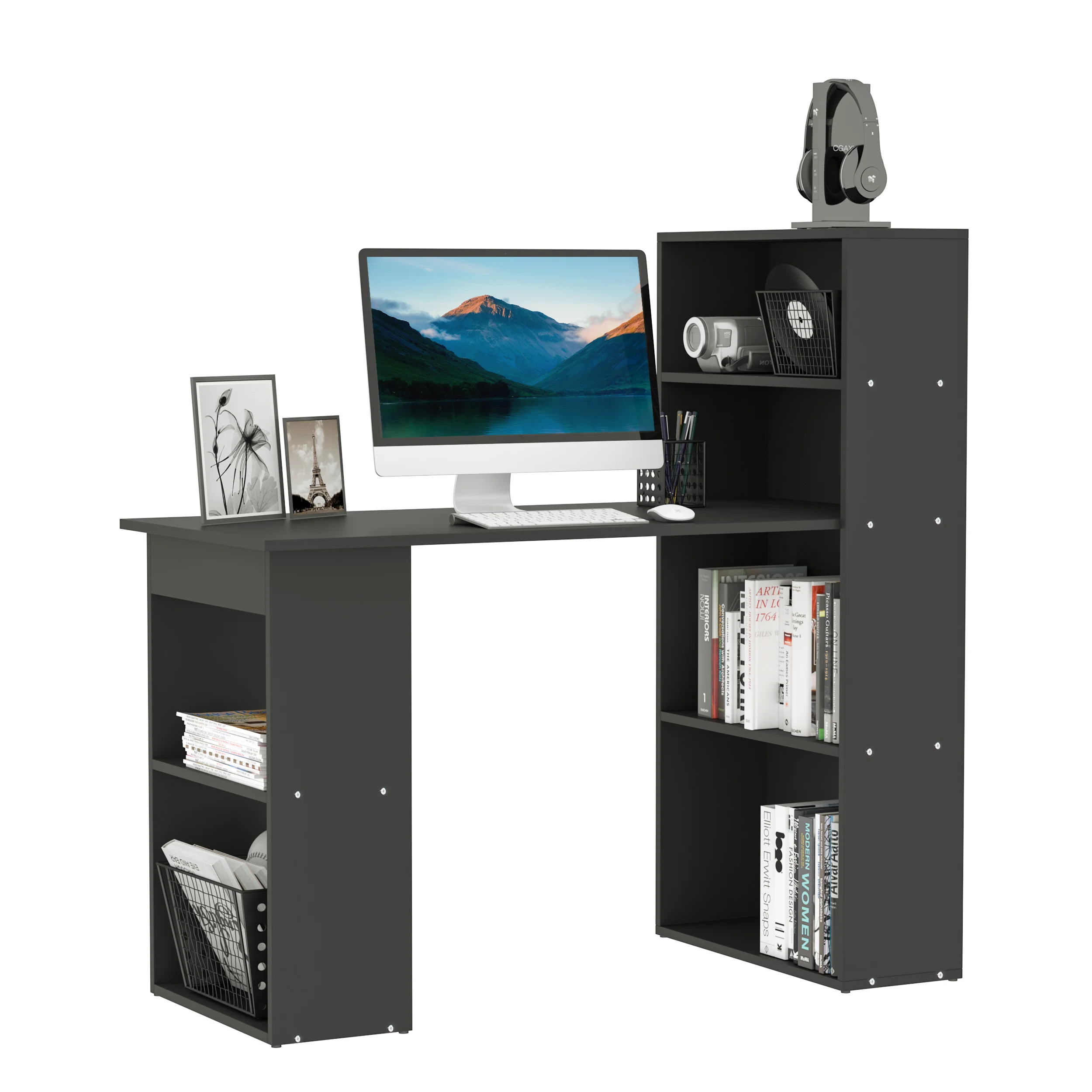Moderner 120 cm Computertisch mit Bücherregal. Schreibtisch und Arbeitsplatz mit 6 Ablagen. Schwarz.