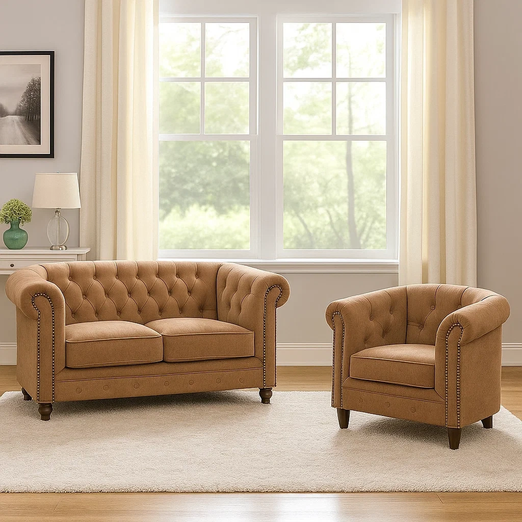 Ensemble canapé 2 places et 1 place, structure en bois, rembourrage en mousse haute densité, revêtement en velours, coloris caramel, pour salon ou bureau, canapé 2 places : 150 x 80 x 78 cm, canapé 1 place : 85 x 80 x 78 cm - CsHUyXK31ao3