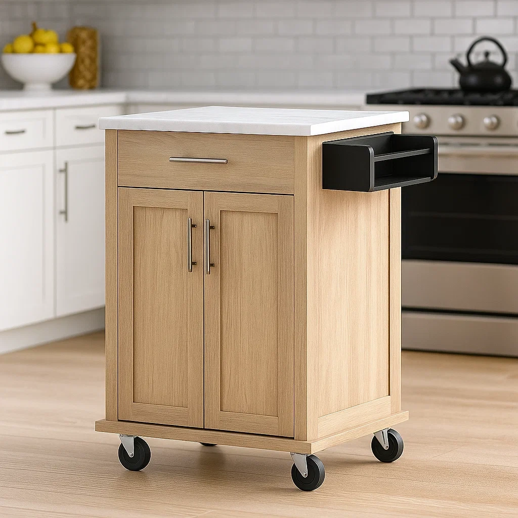 Îlot de cuisine sur roulettes, en bois et MDF, couleur beige, avec 1 tiroir et 2 portes, dimensions 80 x 40 x 85 cm, avec étagère supplémentaire, idéal pour le rangement en cuisine - uPkTCt1Ta8Yt