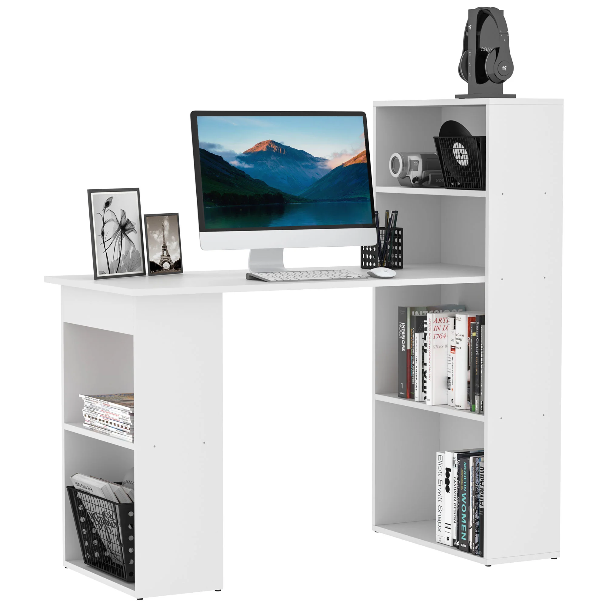Moderner 120 cm Computertisch mit Bücherregal. Schreibtisch und Arbeitsplatz mit 6 Ablagen. Weiß