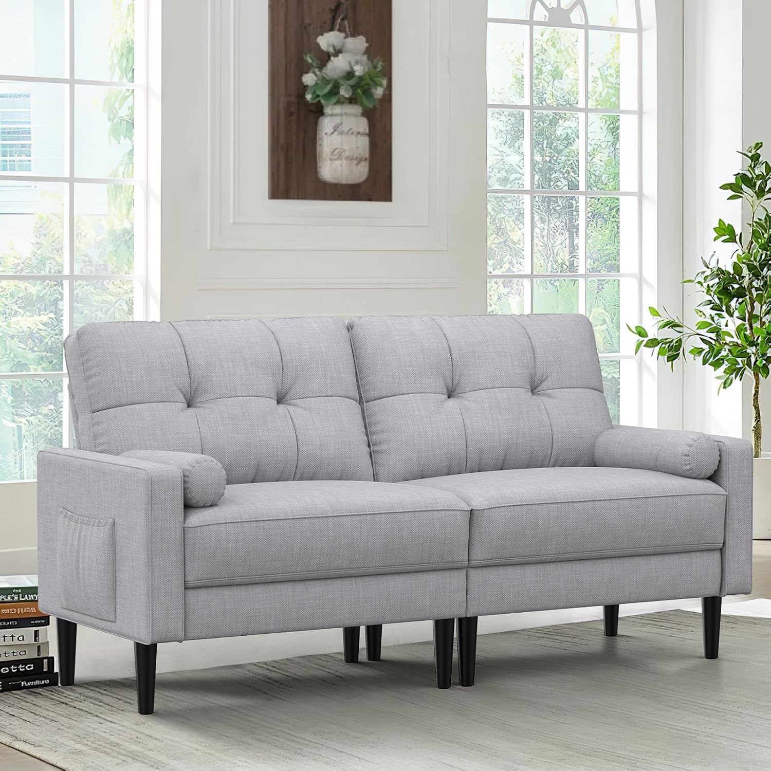 Aotumm Ciort 2-Sitzer-Sofa, modernes Sofa mit dicken Kissen, 2 Kissen, bequemes Ledersofa mit 2 Aufbewahrungstaschen für Wohnzimmer/Schlafzimmer/Büro, kleines Sofa (Braun)