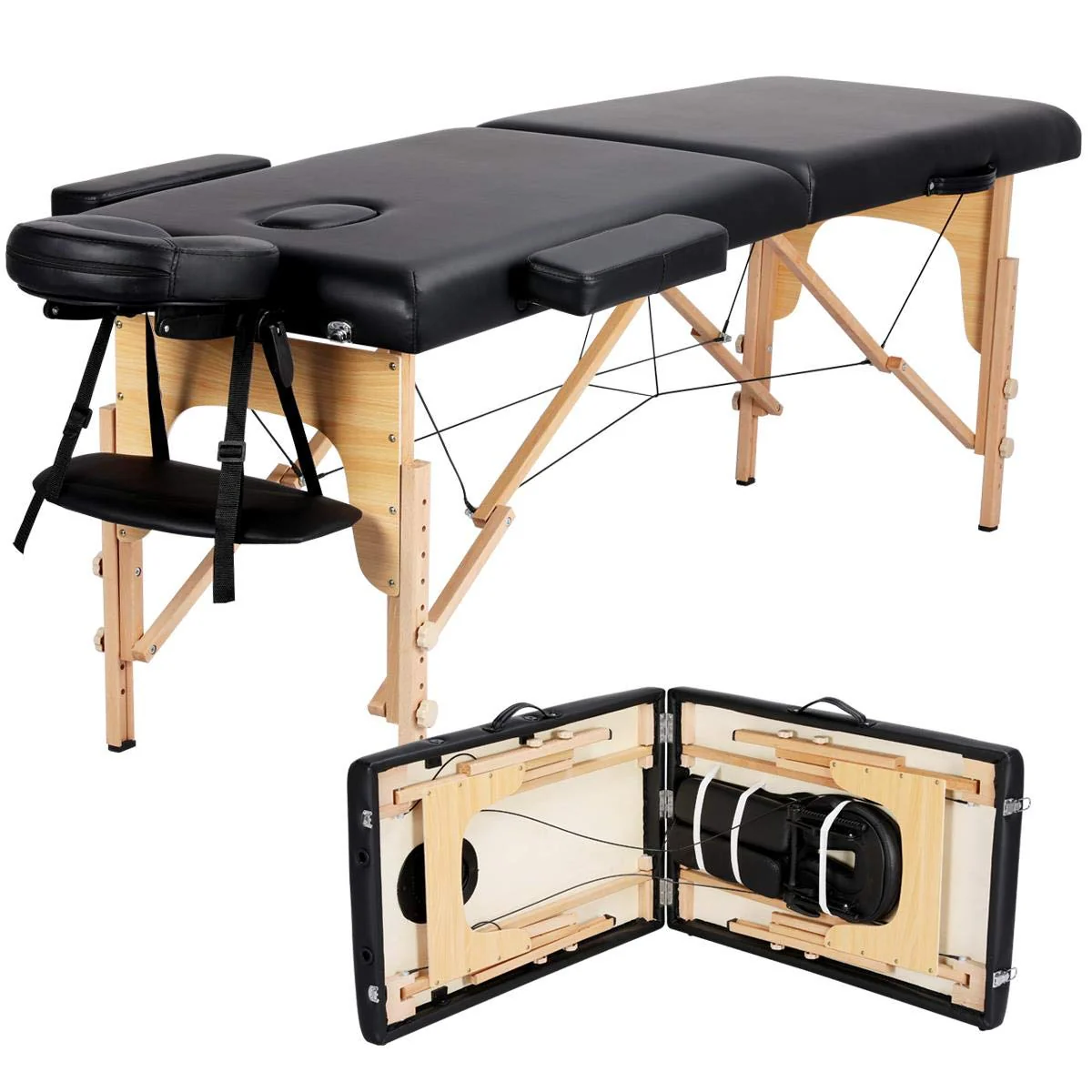 Yaheetech Massageliege – Tragbare, klappbare Behandlungsliege. Wimpern. Spa – 2-teilig, verstellbare Massageliege mit Vliestasche. 61 cm (24 Zoll). Schwarz.