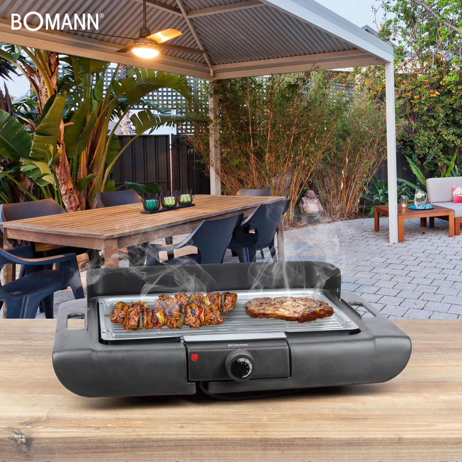Elektrogrill, verchromter Grillrost 36 x 25 cm, Thermostat, winddichte Front, Fettauffangschale, Schwarz, 2000 W Bomann Bq 2243 Cb