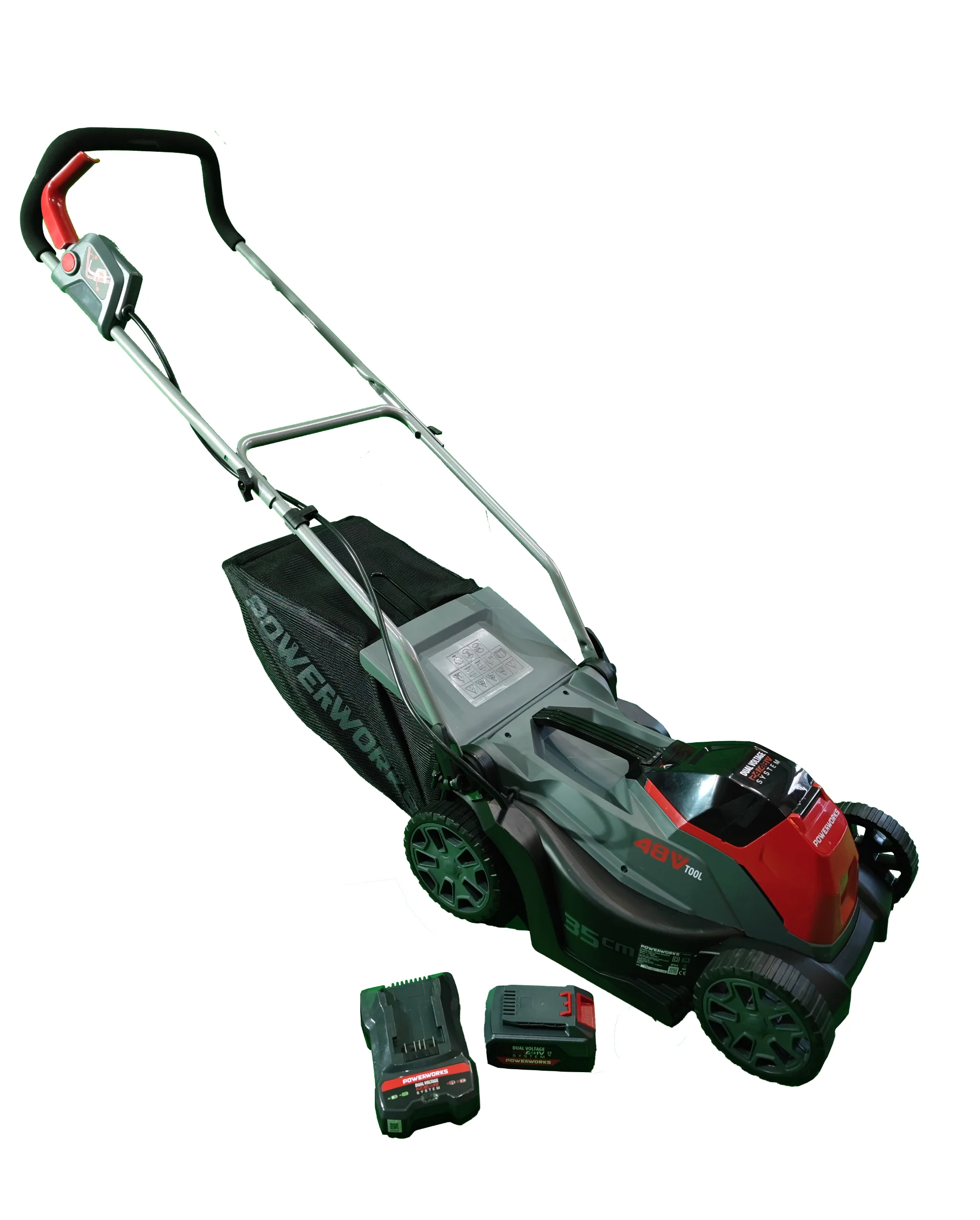 Powerworks P48LM35K2 Akku-Rasenmäher 2025, 48 V. 48 V/2 Ah Akku und Ladegerät im Lieferumfang enthalten.