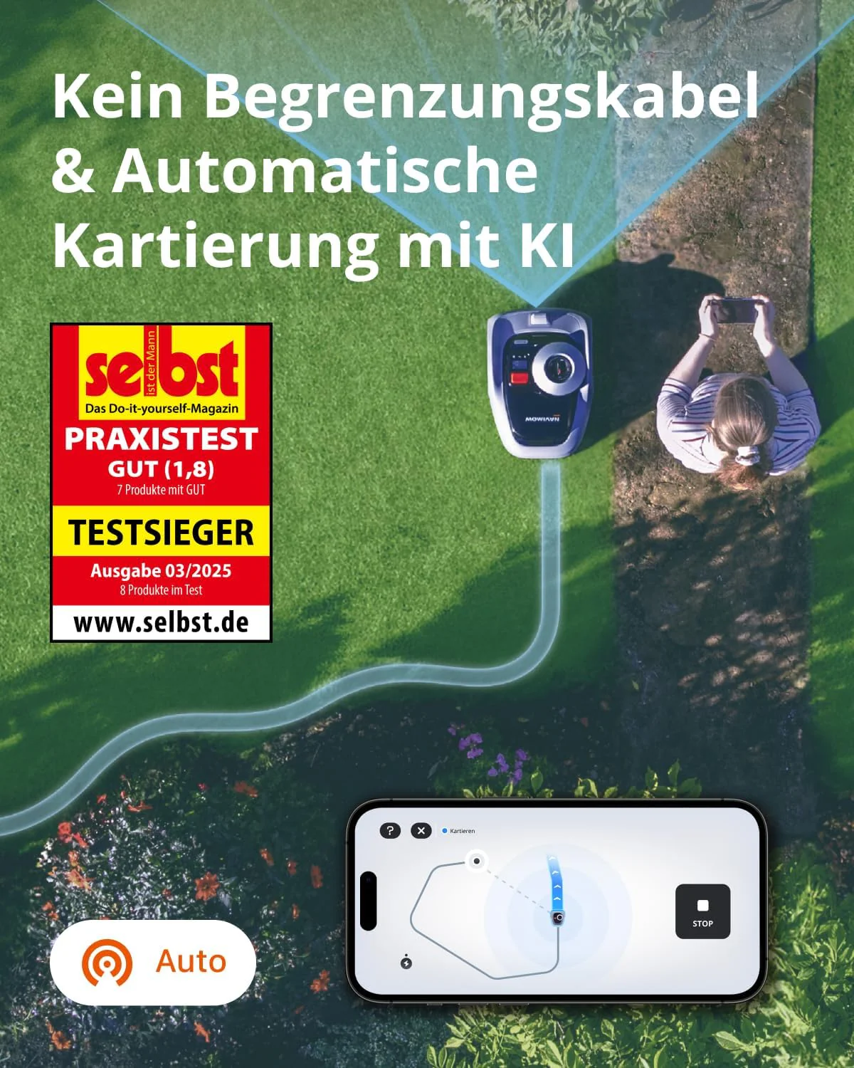 Navimow i105E Mähroboter (Modelljahr 2025) ohne Begrenzungskabel. Empfohlen für 500 m², maximal 600 m². Testsieger mit RTK+Vision-Technologie. Igelschutz. Automatische KI-Kartierung. Virtuelle Begrenzung. Mehrere Zonen.