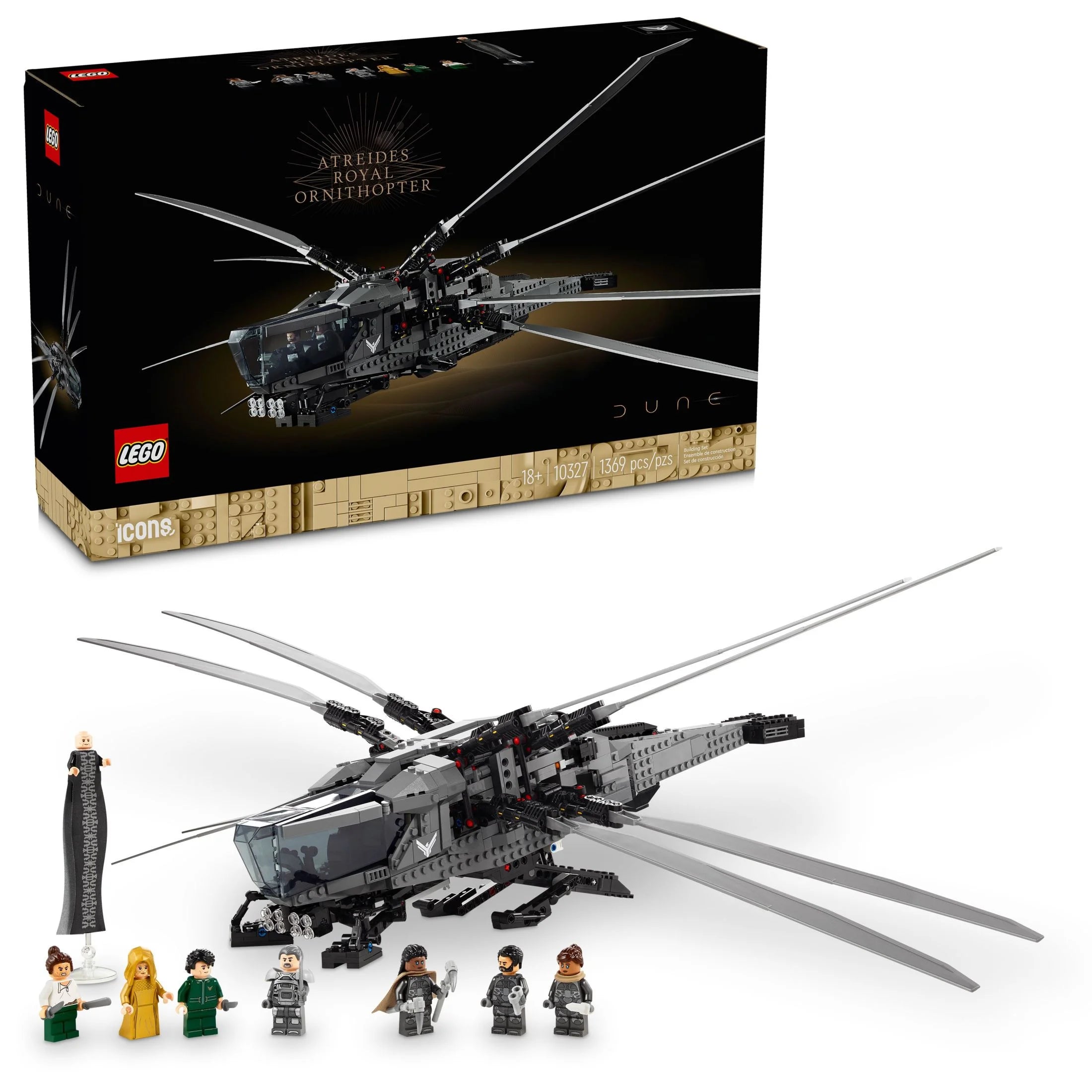 LEGO Icons Dune Atreides Royal Ornithopter 10327 – Dune-inspiriertes Sammlermodell zum Bauen und Ausstellen, Geschenkidee für erwachsene Science-Fiction-Fans, mit 8 Minifiguren, darunter Chani und Baron Harkonnen