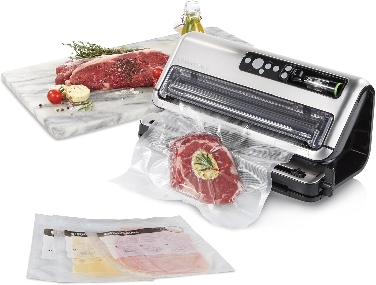 FoodSaver Elite All-in-One Vakuumiergerät für Flüssigkeiten und mehr | Lebensmittel bis zu 5x frischer* | Flüssigkeitsvakuumierung | 1 Rolle (28 x 244 cm) und 4 Vakuumbeutel (3,78 l & 3,78 l)