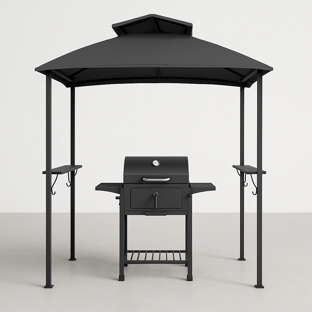 Abri de jardin extérieur avec barbecue, noir, structure métallique, pour usage extérieur, 220 x 120 x 250 cm
