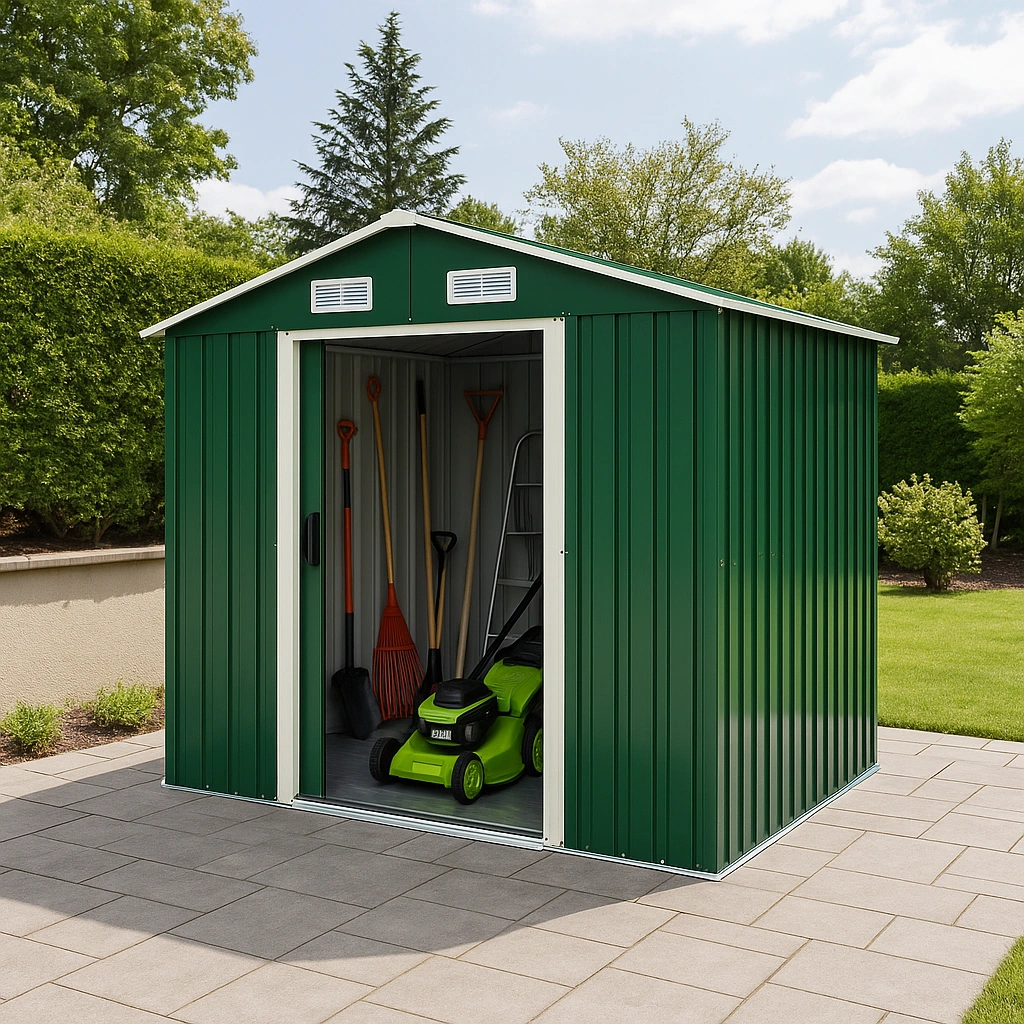 Abri de jardin en métal vert pour outils, 223 x 150 x 215 cm