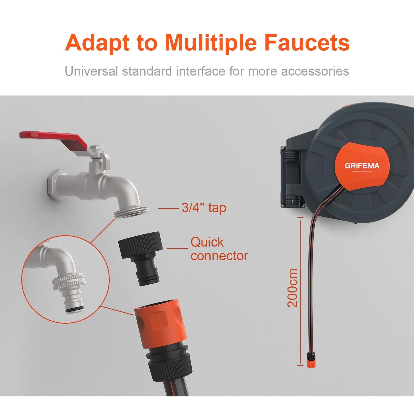 GRIFEMA G301-35 Wand-Schlauchtrommel (Modelljahr 2025) mit 35 m + 2 m Schlauch. 180° drehbarer Behälter. Automatischer Rücklauf mit verstellbarer Düse.