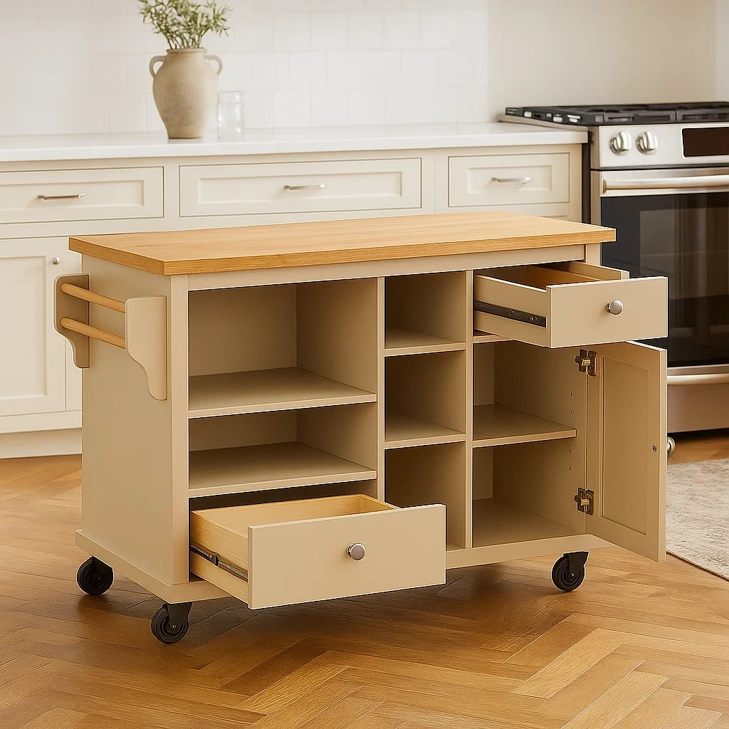 Îlot de cuisine rectangulaire en MDF beige avec plan de travail en bois clair, sur roulettes, étagères, tiroirs et placard, 115 x 46 x 90 cm, pour usage domestique - oxrFvirr7toA