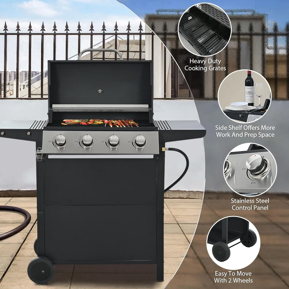 SEGMART 2025 4-Brenner-Gasgrill aus Edelstahl – 34.200 BTU. Garten-/Terrassengrill mit zwei klappbaren Ablagen und Thermometer. Ideal für Camping und Grillen im Freien.